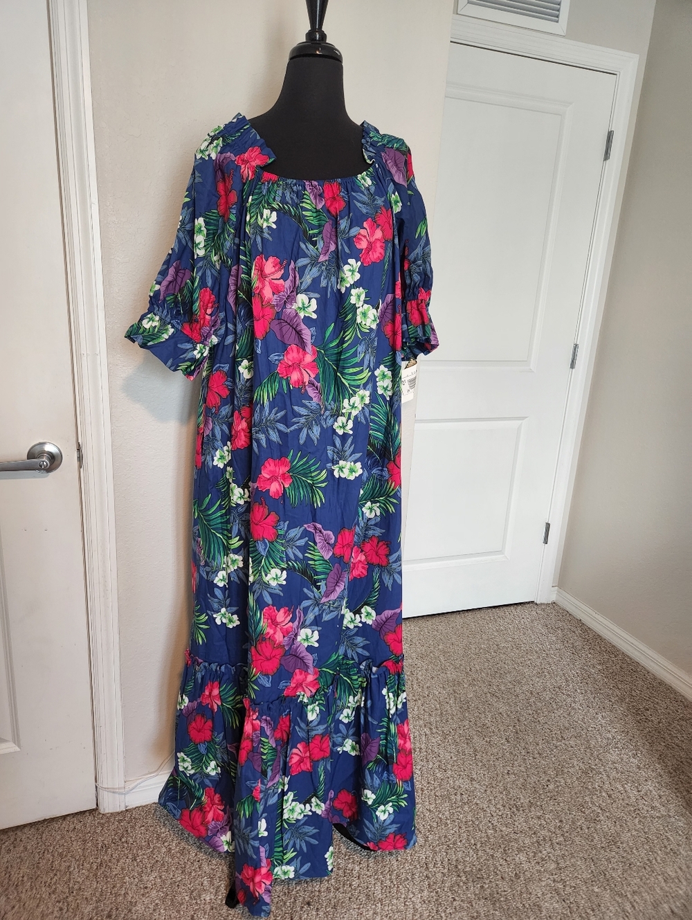 Navy Floral Maxi Dress with Pink & Green Tropical Print